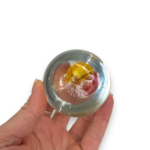Art Glass Hand Blown Orb Paperweight Orange Red Swirls Bubbles Vintage 2" x 2" - Picture 7 of 9
